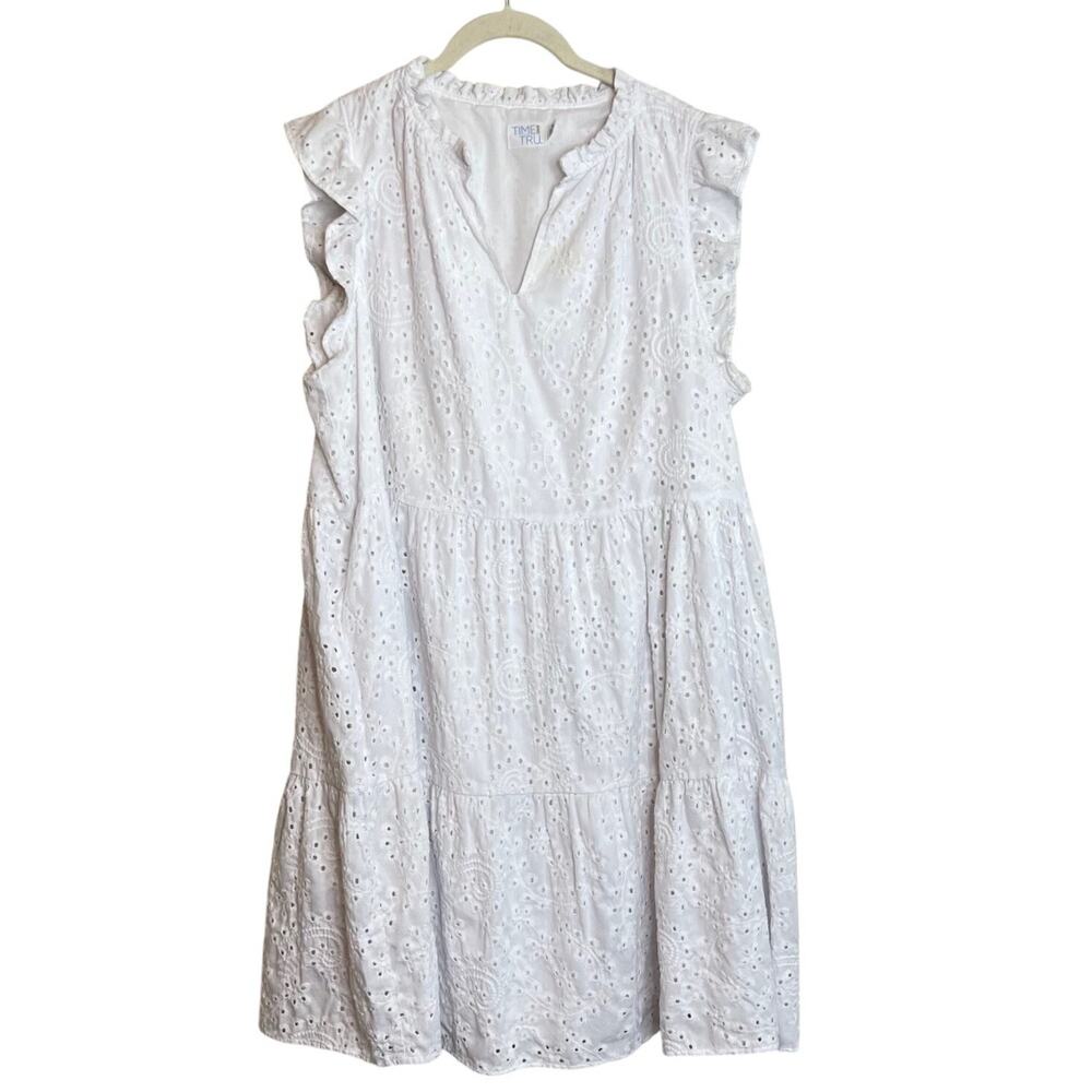 Time and Tru Womens Eyelet Dress XL White Tiered Ruffled Cap Sleeves Cottagecore